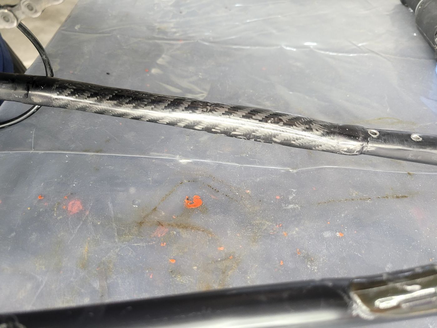 Carbon bicycle frame — finished 2x2 twill repair, clear coated
