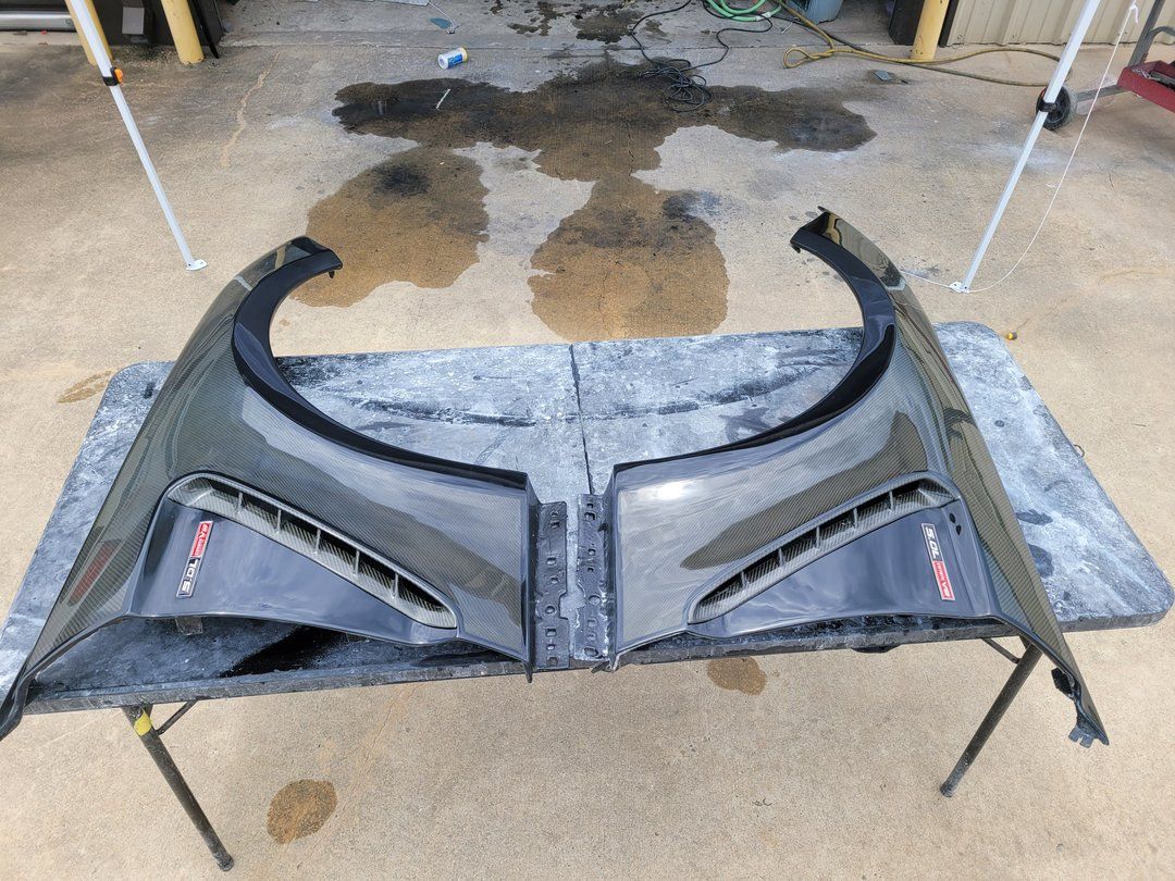 Fox body Mustang carbon fiber hood replacement with functional louvers